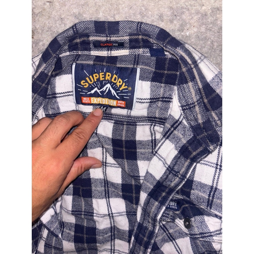 Superdry Expedition Flannel Shirt Mens Medium Blue White Plaid Classic Fit - Picture 2 of 4